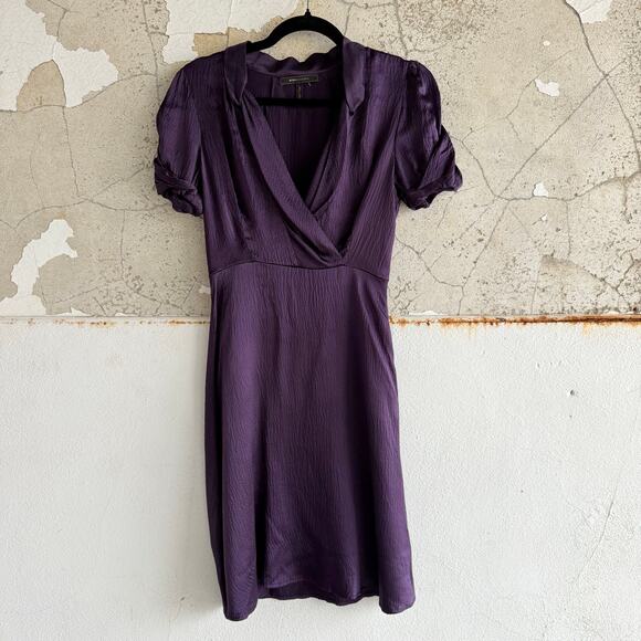 BCBGMAXAZRIA Dress 100% Silk Mini Deep Purple Short Sleeve Women XS Quiet Luxury - Picture 1 of 10